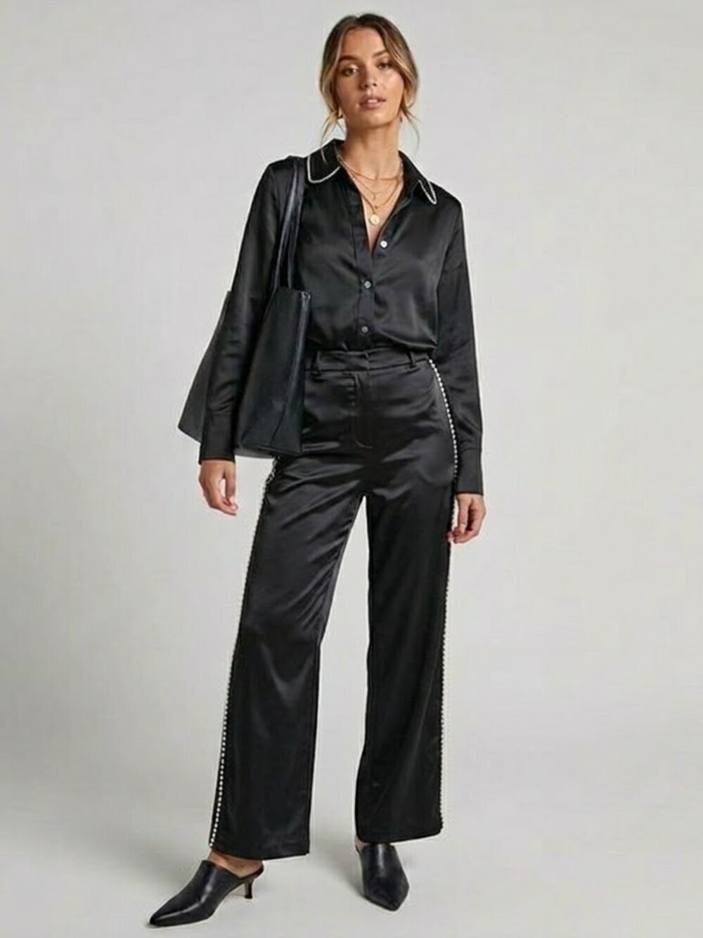 Kittenish Satin Pearl Trim Set Black XS NWT Blouse + Pants Glam Set